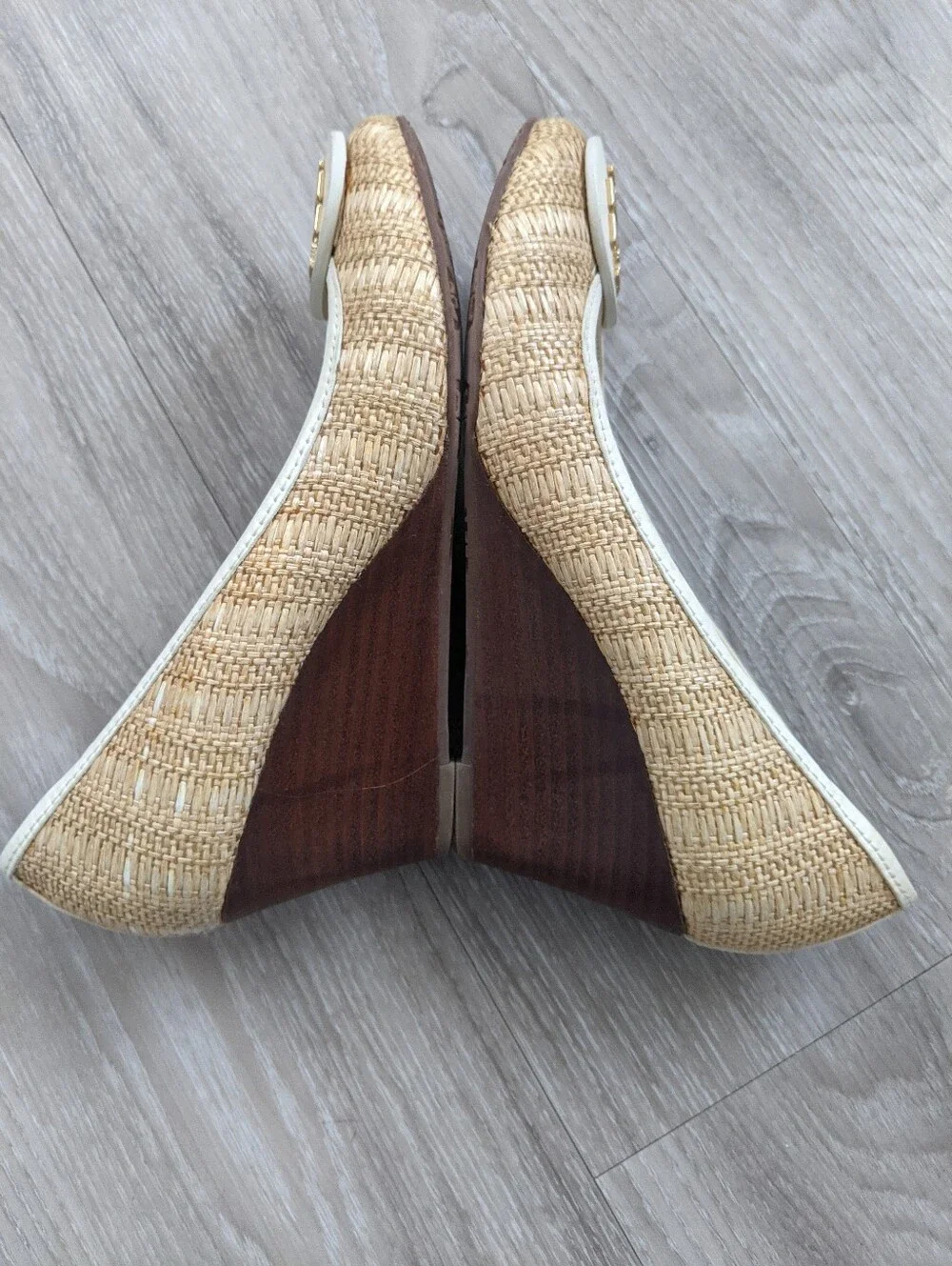 Tory Burch Natural Raffia and White Logo Ballet Flats